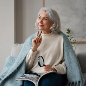 Elderly woman wrapped in a blanket reading with a magnifier.