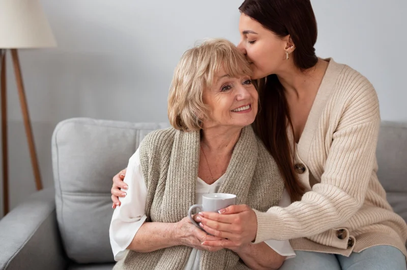 Daughter hugging her elderly mother on a sofa.