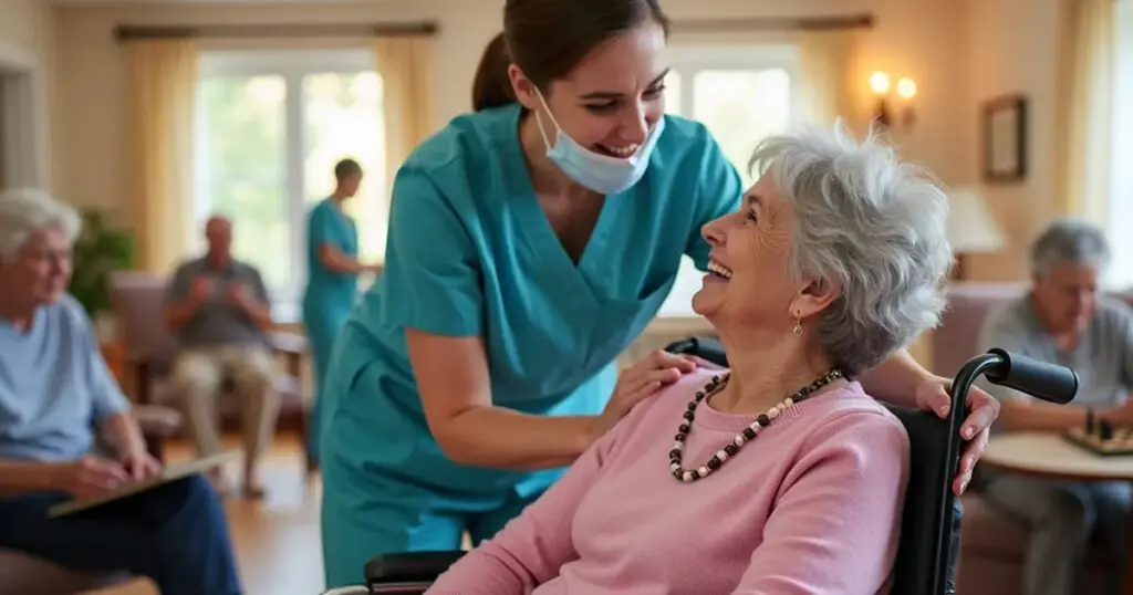 A caregiver in teal scrubs with a mask smiles warmly at an elderly woman in a pink sweater sitting in a wheelchair.