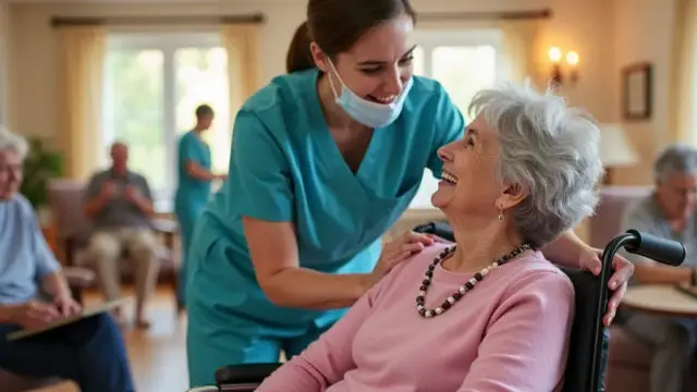 A caregiver in teal scrubs with a mask smiles warmly at an elderly woman in a pink sweater sitting in a wheelchair.