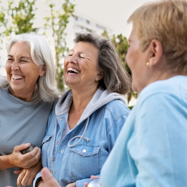 Three women smiling together in sunny weather.